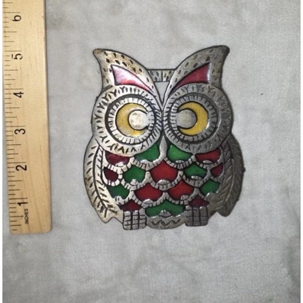 Vintage Owl Trivet Cast Metal Stained Glass Hot Plate Kitchen Pot Rest Taiwan